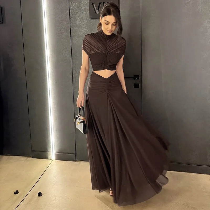 

Tuularose Women Fashion Long Dresses Sexy Mesh Patchwork See-Through Hollow Dresses Elegant Luxury Pleated Party Evening Dresses