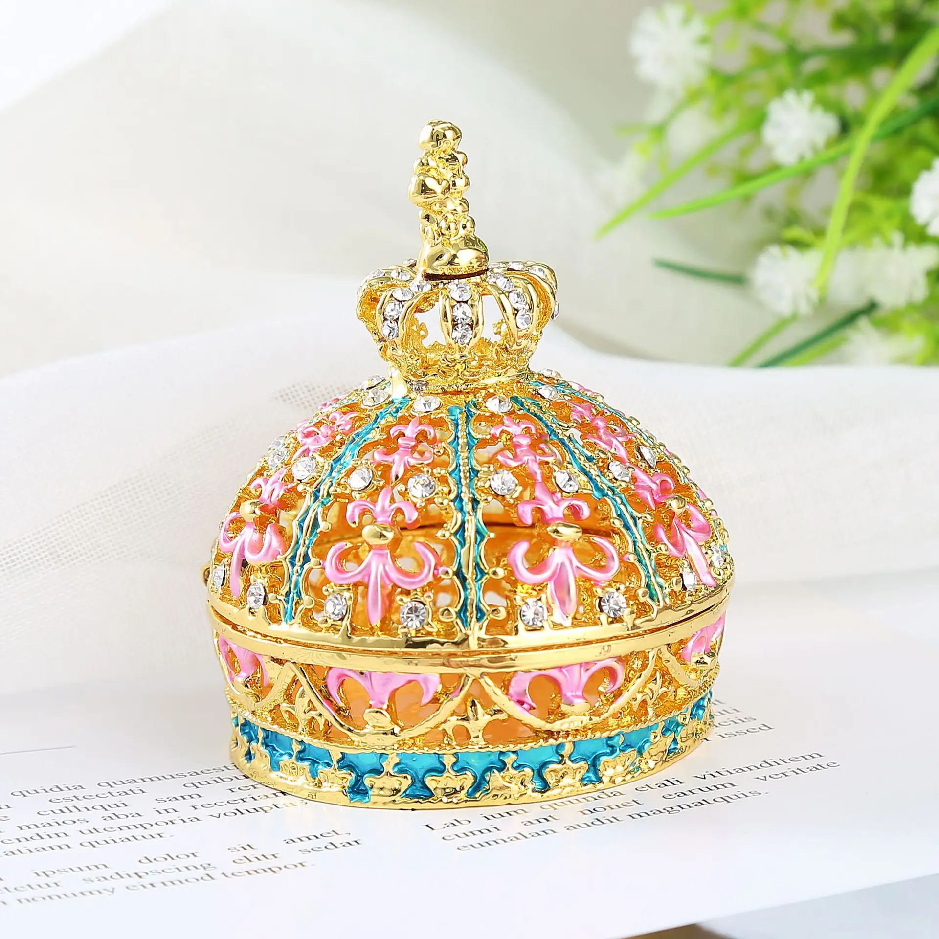 Enamel Craftsmanship Alloy Crown Jewelry Box Inlaid Diamond Craftsmanship Crown Jewelry Storage Box Jewelry Storage Ornament