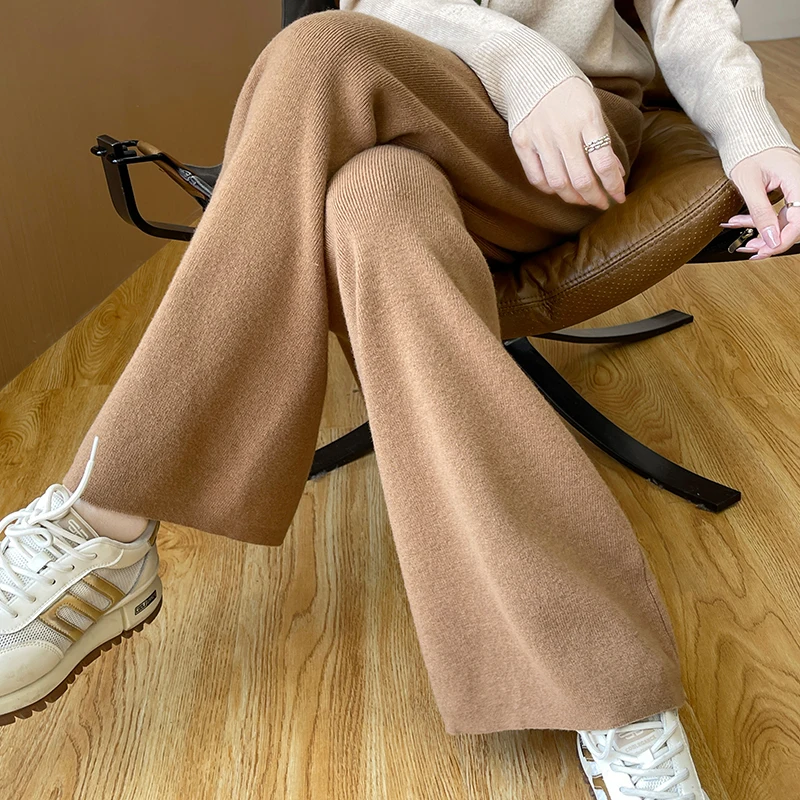 Women’s Wool Straight Pants Autumn Winter Elastic Waist 100% Merino Wool Knitted Solid Pockets Office Lady Classics Trousers
