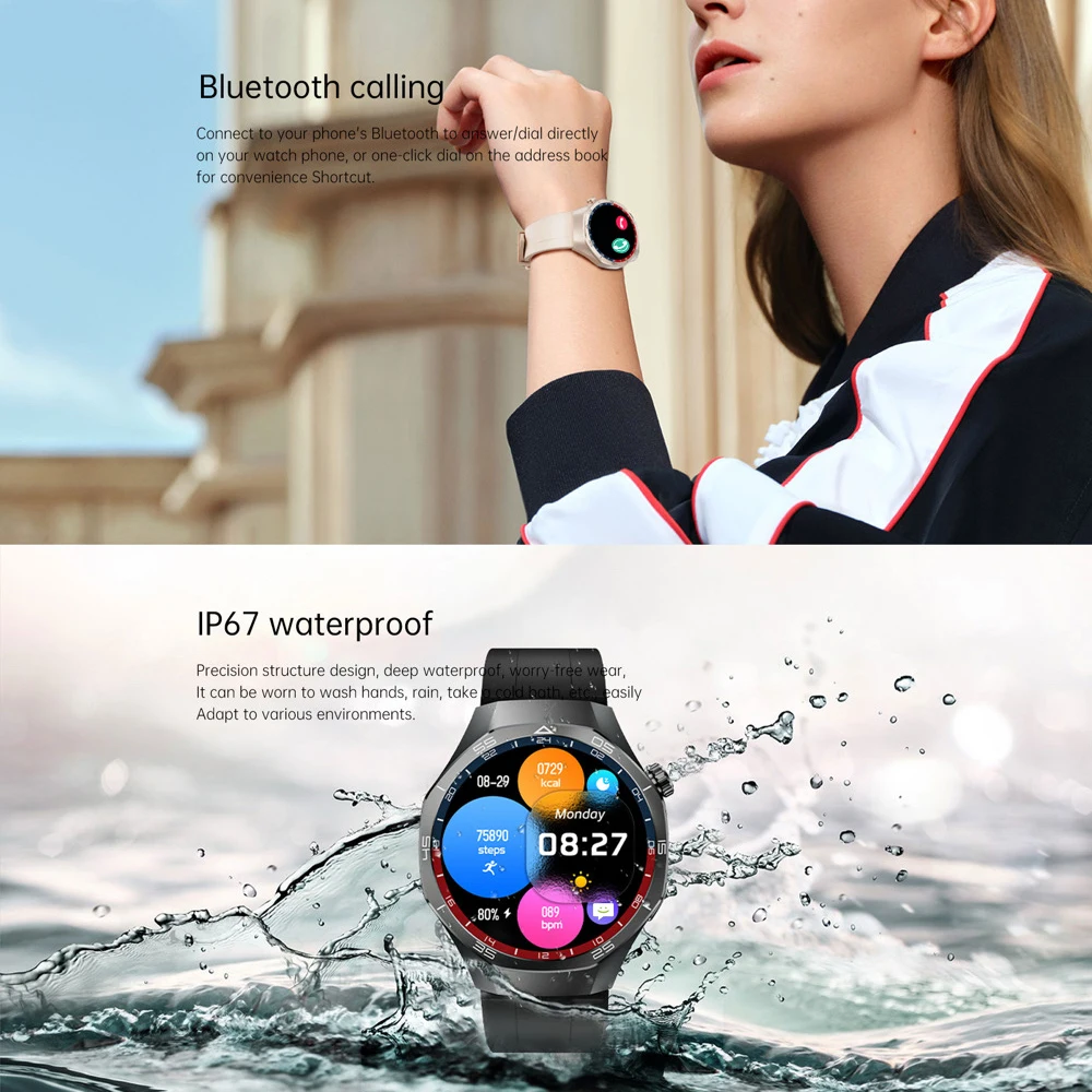 남녀공용 AMOLED 스크린 스마트워치 블루투스 통화 날씨 스포츠 여성용 팔찌 심박수 건강 스마트워치 무선 충전