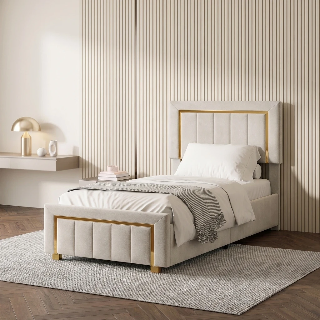 Telaio letto imbottito color beige, 90 x 200 cm, con ampio spazio contenitivo sotto il letto, letto singolo con struttura a piattaforma, letto moderno per la camera da letto.