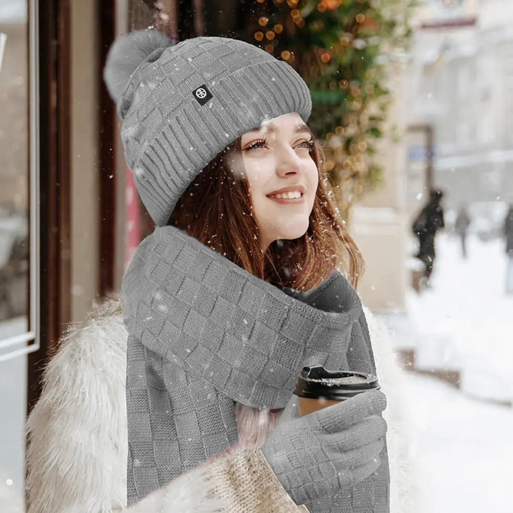 

Stretchable Hat Scarf Gloves Mittens Set 3-piece Winter Beanie Hat Scarf Touchscreen Gloves Set for Women Plush Ball Decor Warm
