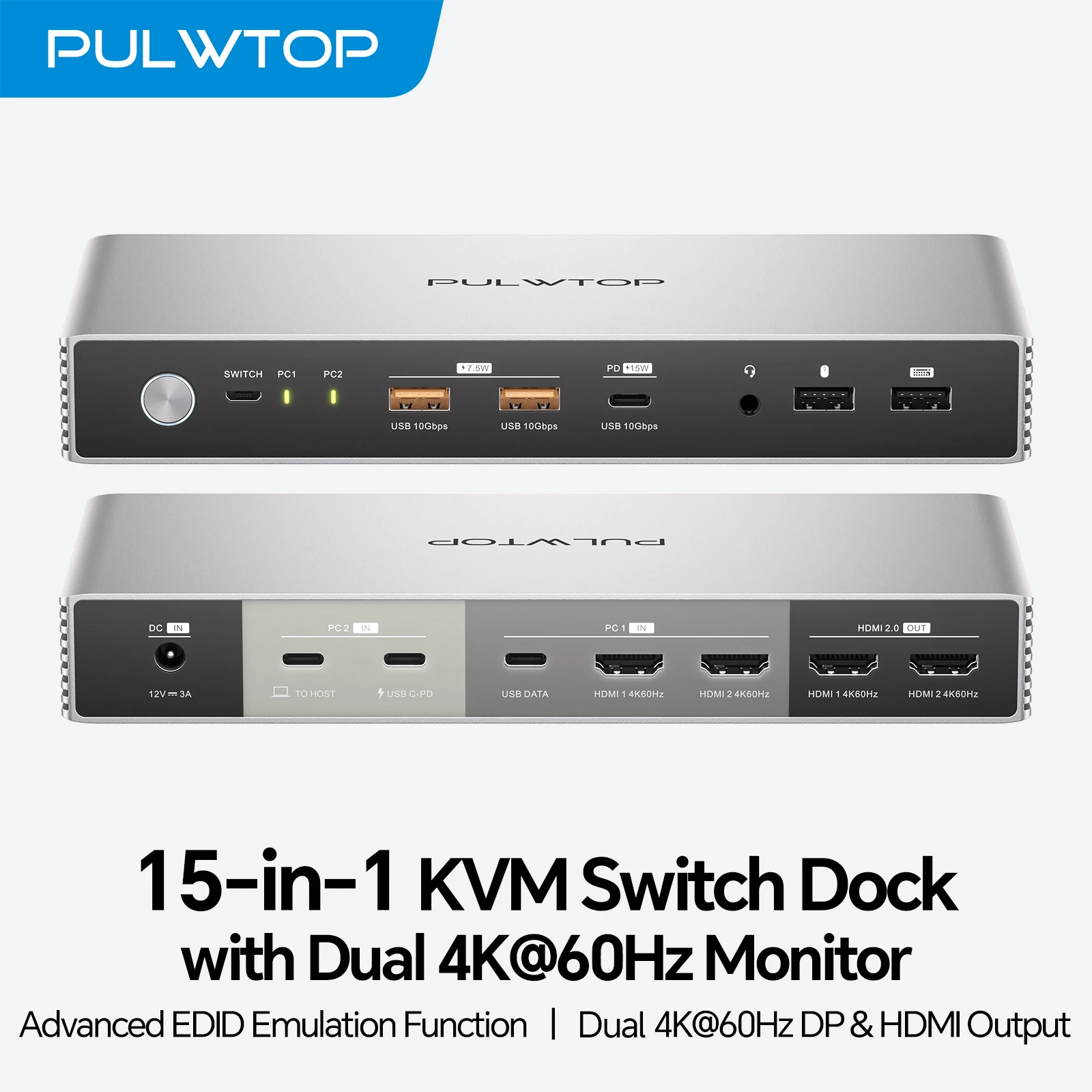 

PULWTOP 4K EDID KVM Switches Dock Dual Monitor with 2 HDMI, USB A/C 3.2 10Gbps, 15W Charging, Audio, for Laptop & Desktop