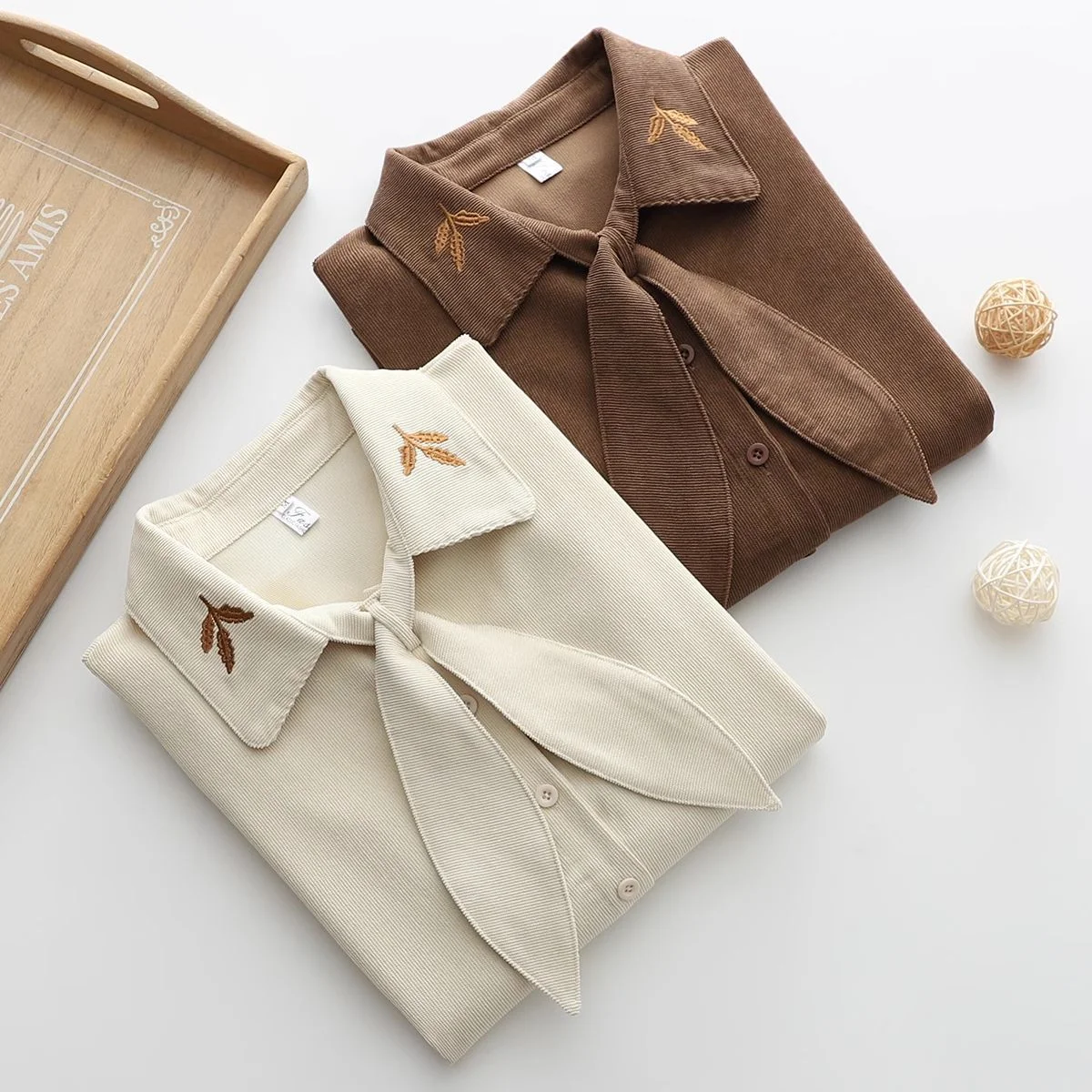 

Women's Autumn/Winter Corduroy Shirt Rabbit Ear Bowtie Retro Apricot Long Sleeve Jacket Stylish Design Unique Exquisite Top