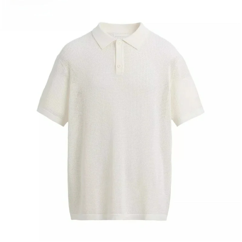 

New Spring Men's Knitted ort Sve irt Hollow Texture Slim Fit Turn-down Collar T-irt Faion Urban Sle Youth S...