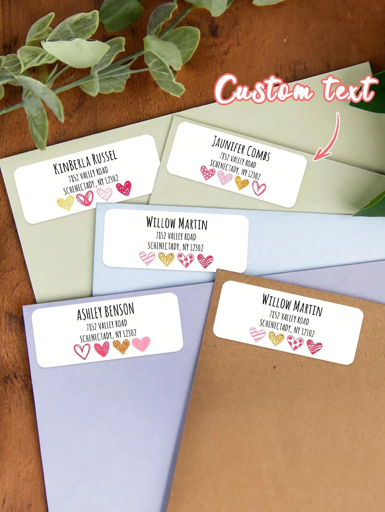 

Милые обратные адресные этикетки с сердечками, почтовые наклейки, персонализированные свадебные на День святого Валентина, красочные