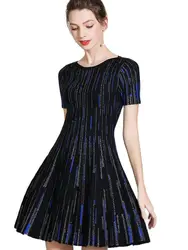 Micosoni Italian Style High Women's Digital Vertical Stripes Sweater Dress Bright Silk Short Sleeve Slim A-line Knit Blue S-XL
