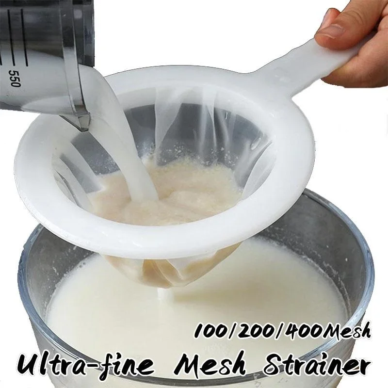 Coador de Malha Ultrafina de Nylon para Cozinha, Peneira de Plástico com Cabo para Leite, Iogurte e Suco