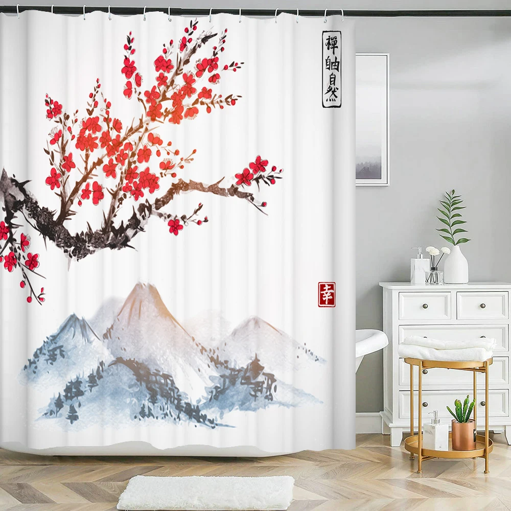 Japanese-style Flowers Plum Blossom Shower Curtains Bathroom Curtain Frabic Waterproof Polyester Bath Curtain with Hooks