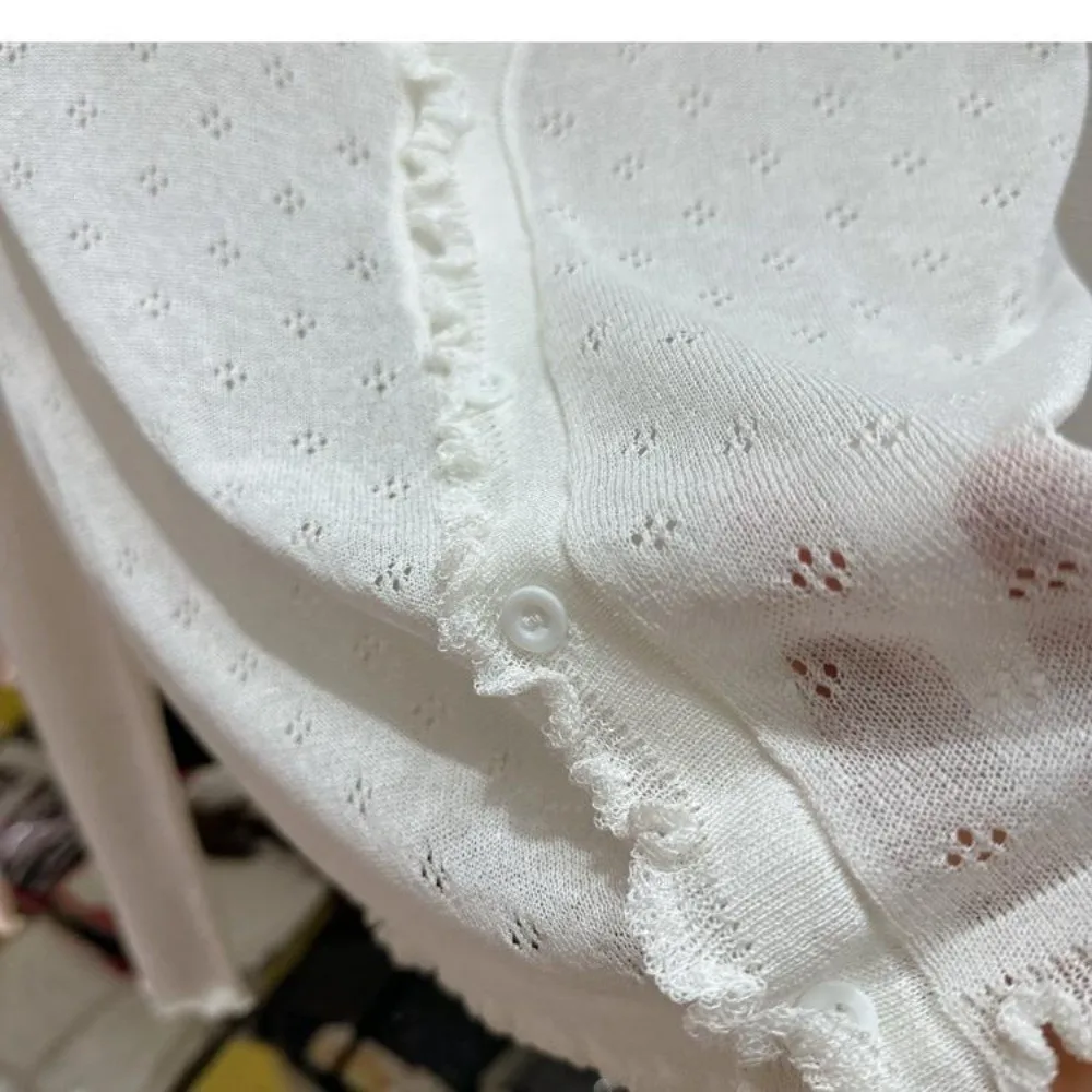 New O-Neck Design Thin Knitted Cardigan Slim Fit Hollow Out Long Sleeve Cardigan Button Closure Short Tops Women
