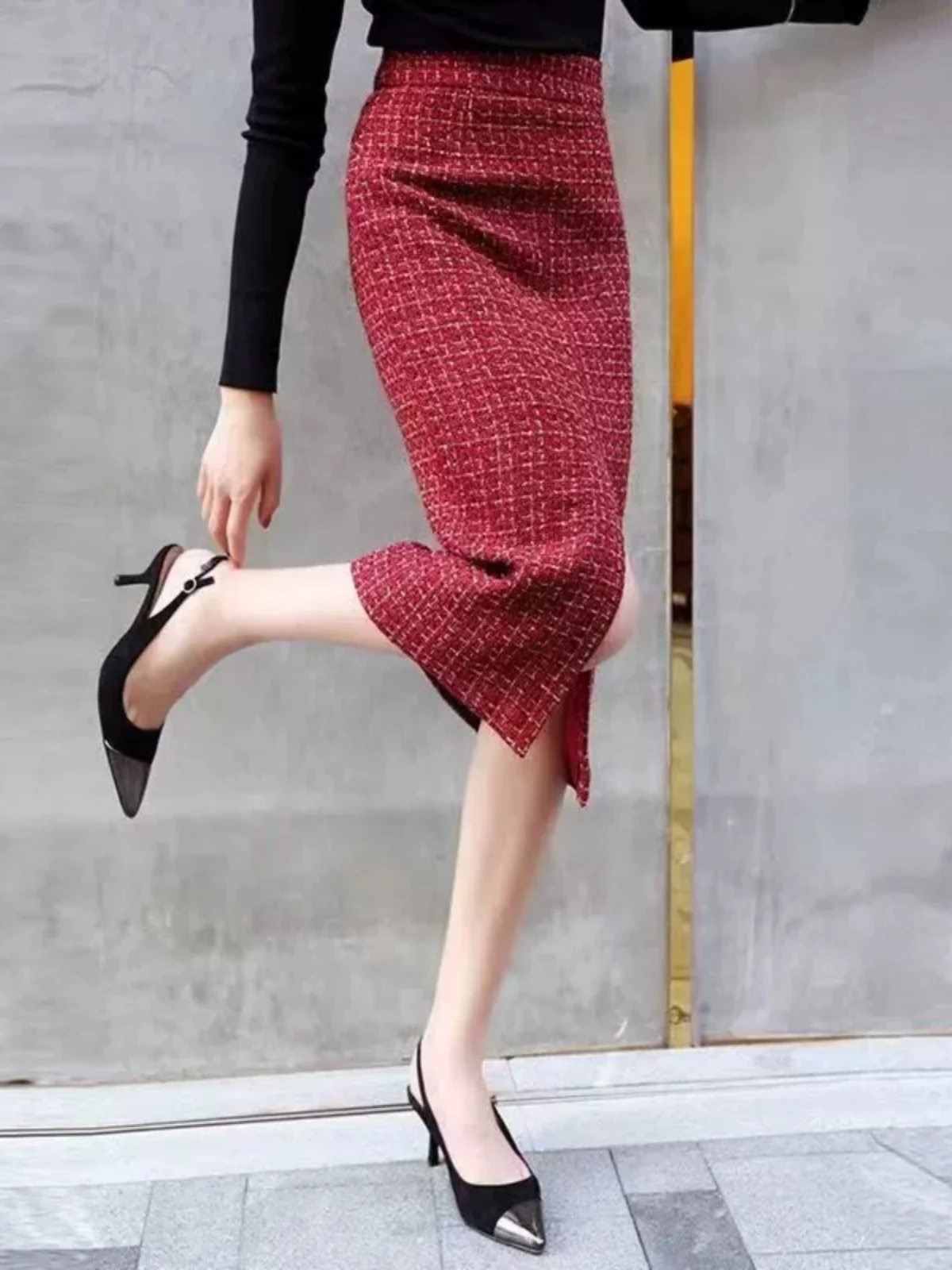 Woolen skirt slit plaid wine red high pencil long skirt women