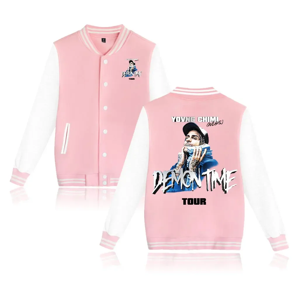 YovngChimi Demon Time Tour 2024 Baseball Uniform Fleece Jacket Women Men Streetwear Hip Hop Long Sleeve Pink Hoodie Sweatshirts