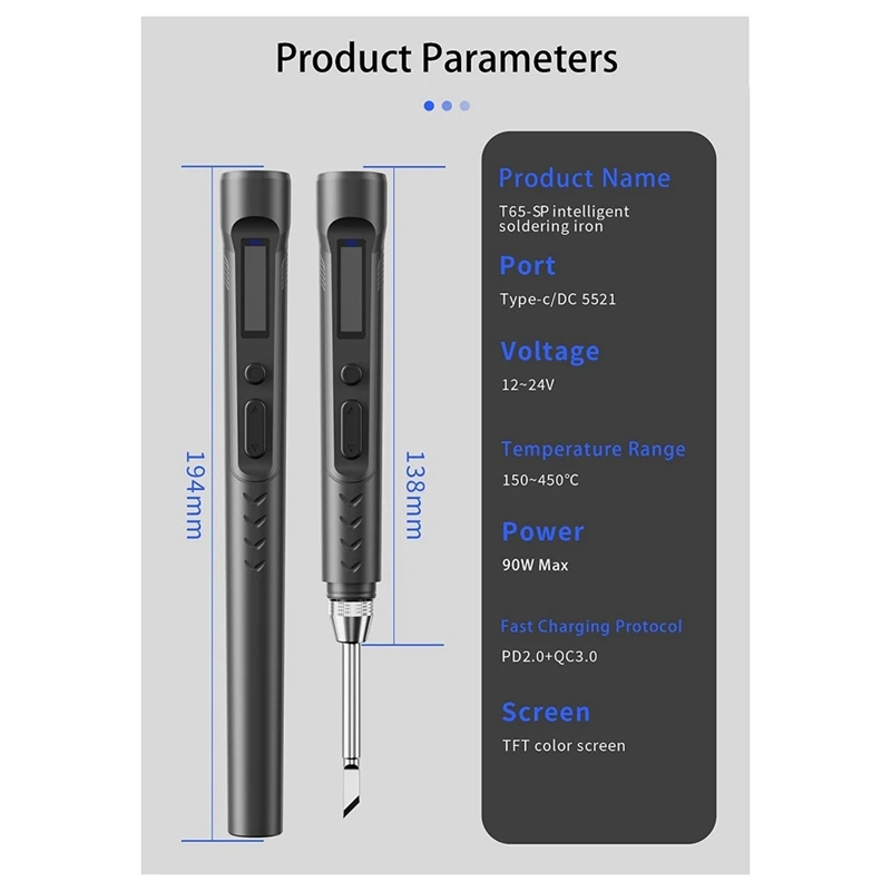 T65-SP หัวแร้งไฟฟ้าอัจฉริยะ PD + DC 90W กําลังไฟความร้อนอย่างรวดเร็ว 150-450 ℃   เตารีดเชื่อมแรงดันอุณหภูมิที่ปรับได้