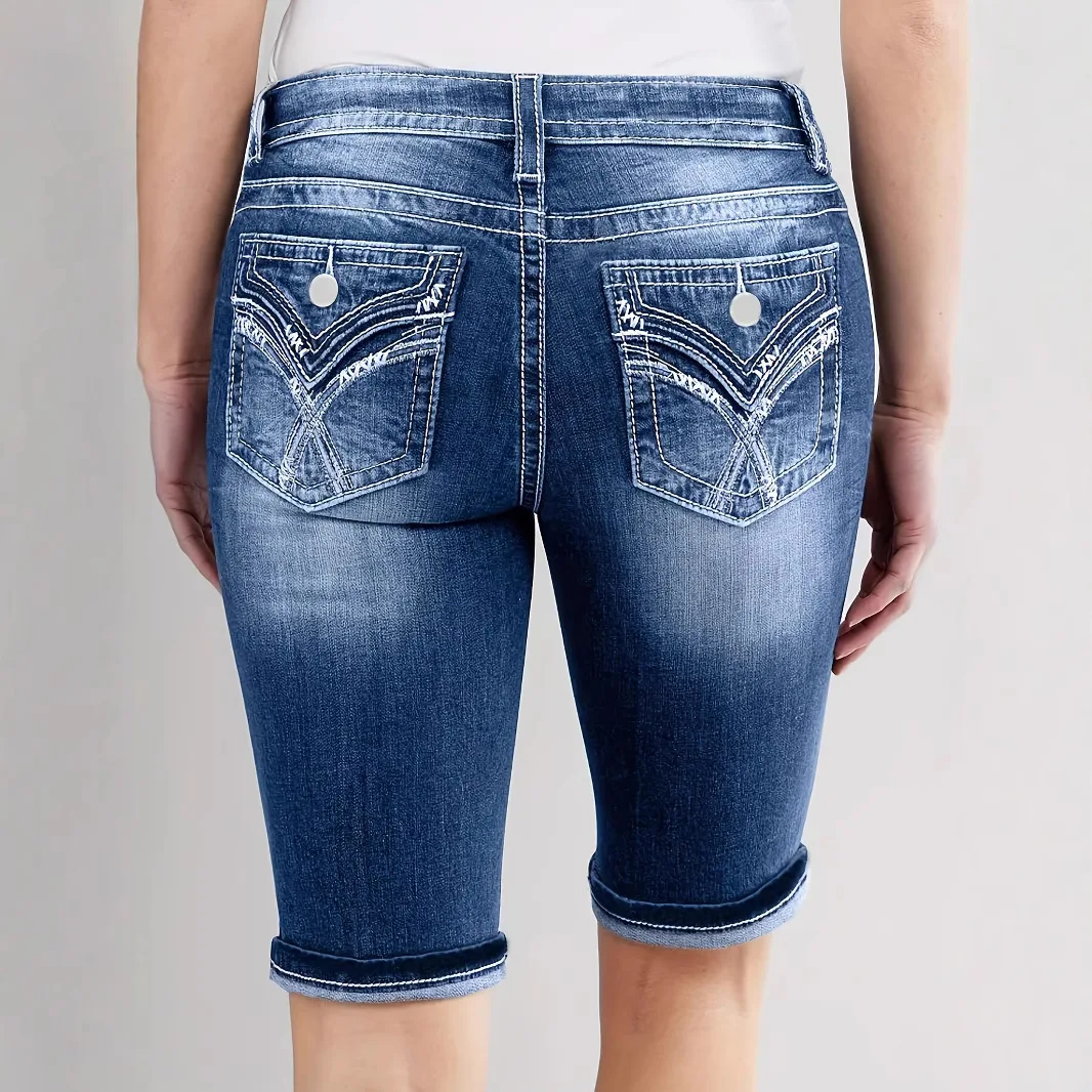 Women's Navy Slim Knee Length Simple Basic Daily Casual Trendy Shorts European American New Fashion Female Jeans Pants Clothes