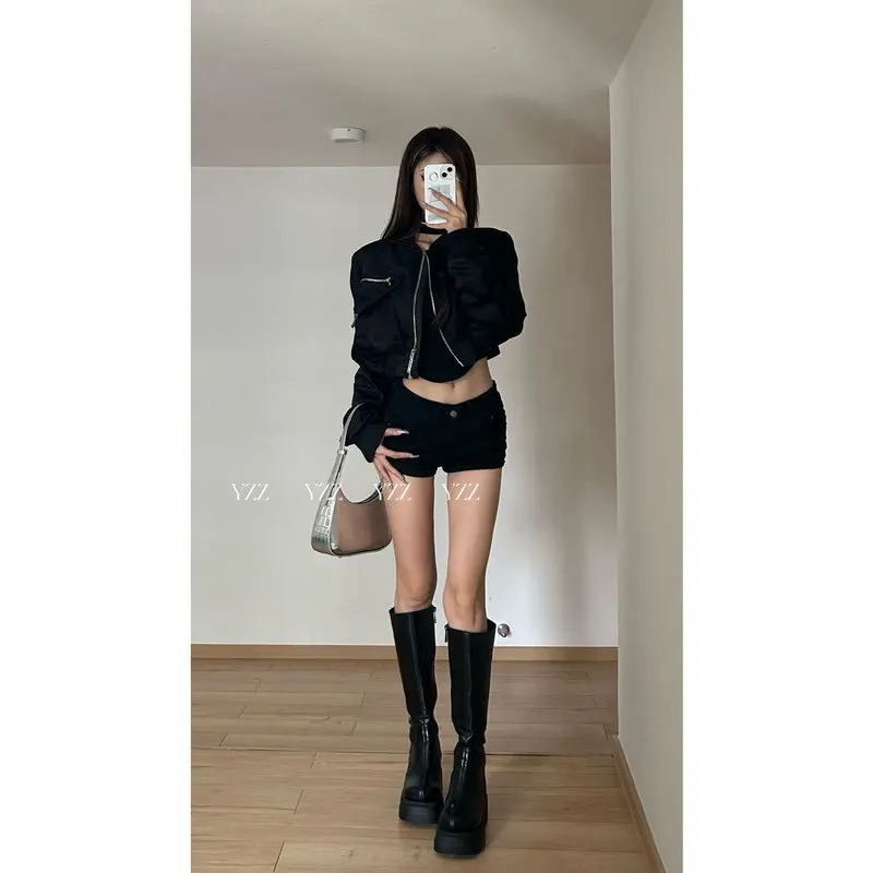 신상품 여성용 재킷 야구 져지 지퍼 크롭 코트 하이웨이스트 슬림 숏 코트 봄 가을 긴팔 아우터웨어 탑 블랙