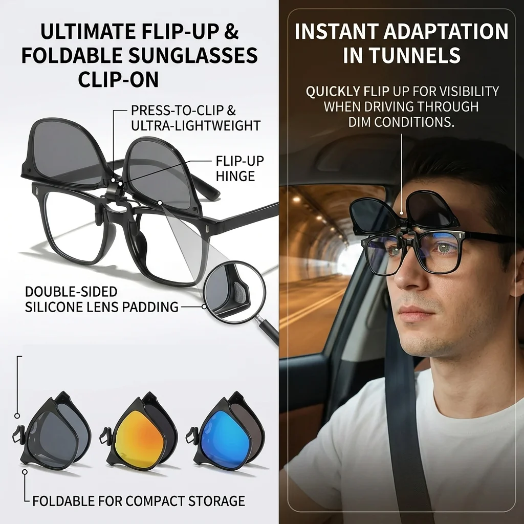 Flip Up Clip on Sunglasses Men Women Folding Square Sun Glasses Clip for Prescription Glasses Lightweight Driving Eyewear UV400