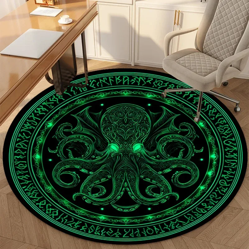 Green Octopus Symbol Round Rug Flannel Printed Carpet Dark Theme Home Decor Cozy Soft Floor Mat Living Room Indoor Use