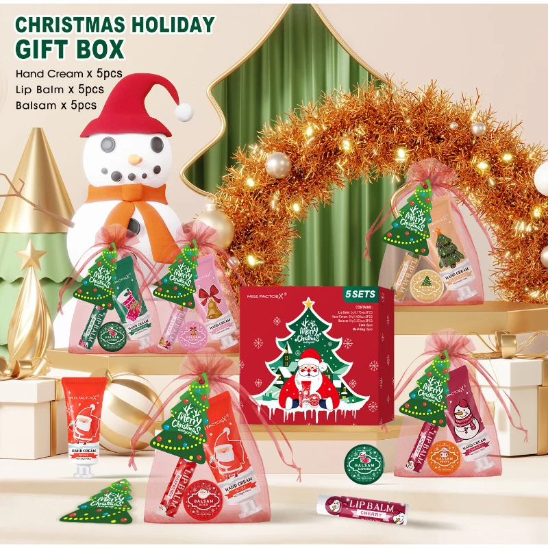 Christmas Gift Set 5 Sets Hand Cream Lip Balm Balsam Kit Xmas Holiday Gift Winter Hand Lip Care Set Christmas Party Favor