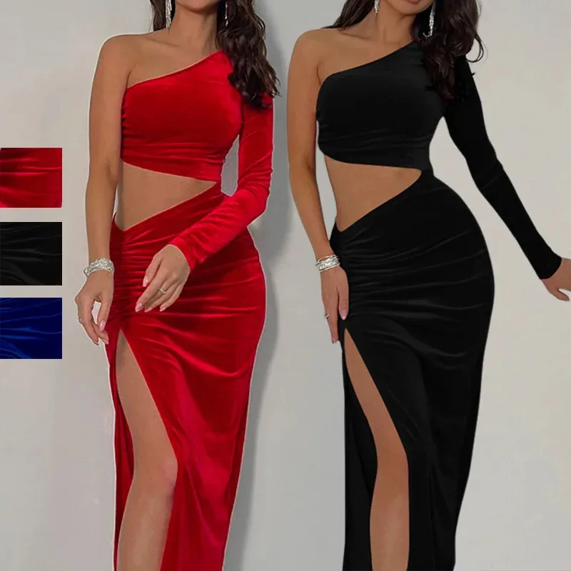 

Y2K Diagonal Collar Dress for Women Vintage Black Dresses Single Shoulder Sleeve Tops Dew Waist Skirt Spring Summer Outfit