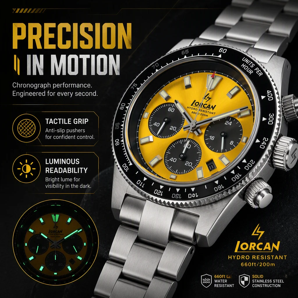 LORCAN Men Chronograph Watch VS75 Yellow White Red Dial 200M Waterproof Sapphire Ceramic Bezel 316L Steel Diving Watch