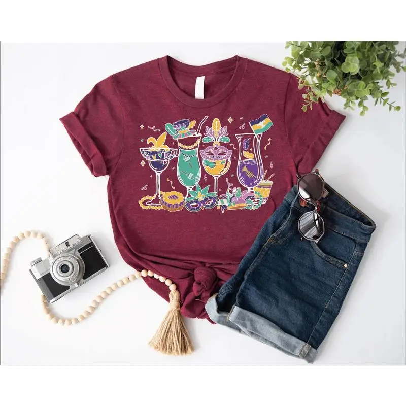 

Mardi Gras Drinks T Shirt Girls Outfit Wine Beads Drinking Party Fat Tuesday Fleur De Lis