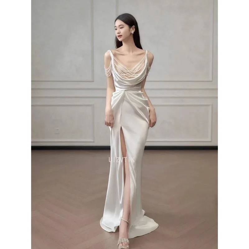 

Light Luxury Women White Wedding Dresses Sexy V-Neck Sleeveless Pearl Beaded Split Evening Gowns Elegant Formal Occasion Dress