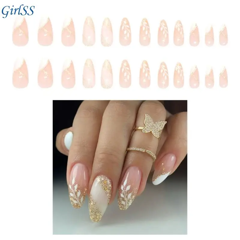 24 個グリッタープレス爪フレンチフェイクネイル接着剤人工爪 T4MB