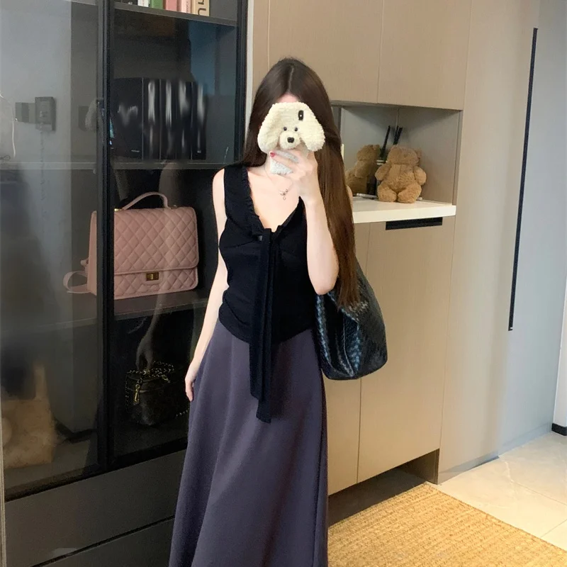 V-Neck Vest Strap Halter Top Women Summer Half Skirt Wrap Long Skirt Set Design Sense Wood Ear Baffle Drifting Belt Straight ...