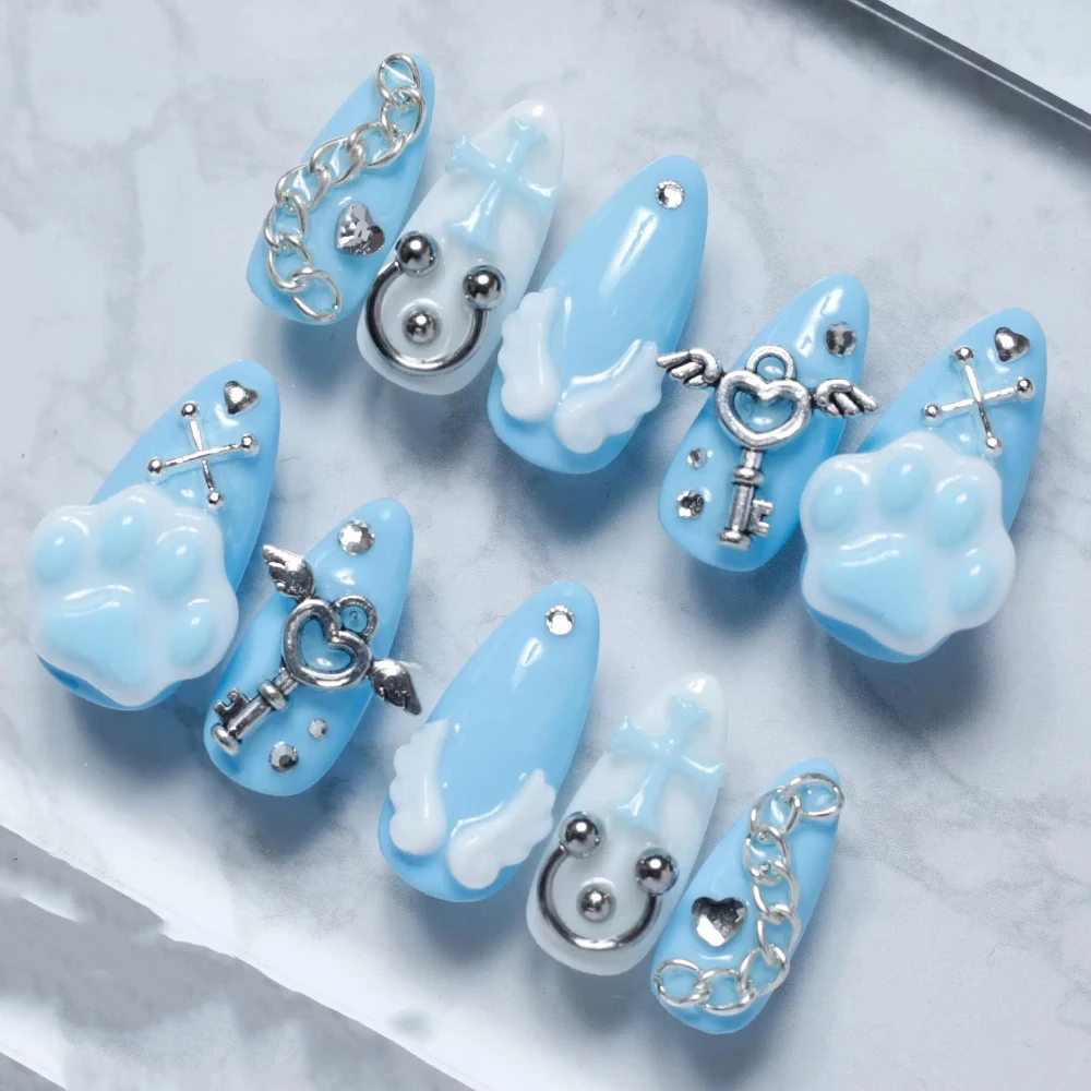 10 Stuks 3D Cartoon Sanrio My Melody Amandel Volledige Dekking Nail Tips Zoete Strik Metalen Diamant Japanse Serie Afneembare Nep nagels