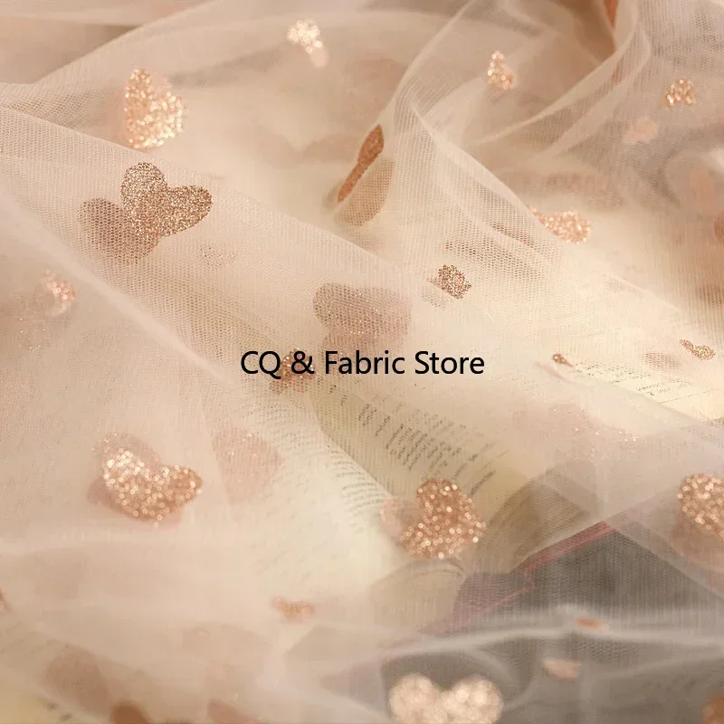 100*150cm Pink Mesh Fabric Glitter Heart-shaped Printing Powder Bronzing Fabric Children's Clothing Tutu Skirt Fabric Diy Cloth