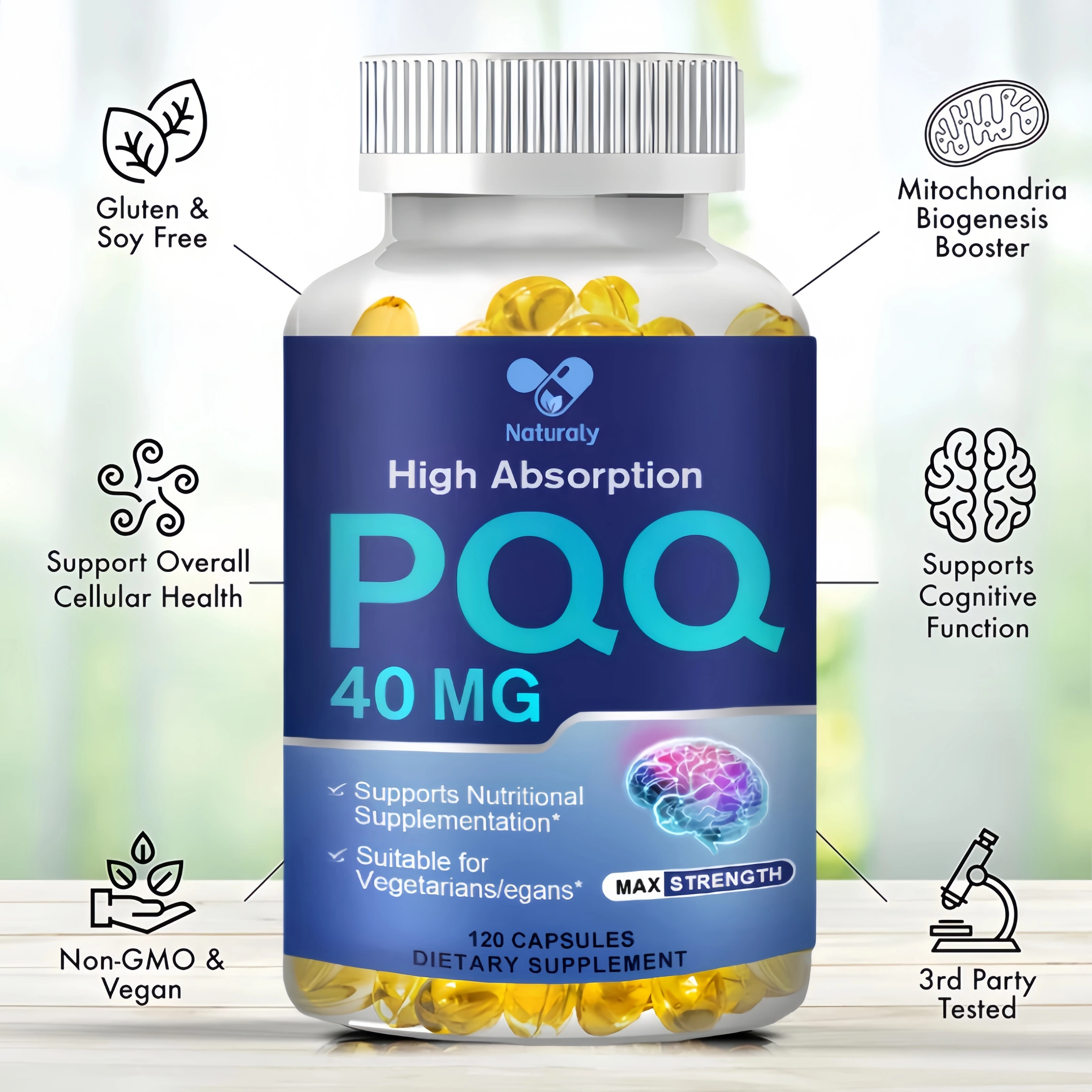 PQQ-Cápsulas de Suporte Mitocondrial, Ajuda a Aumentar a Energia, Saúde do Coração, Função Cognitiva, 40mg, PQQ