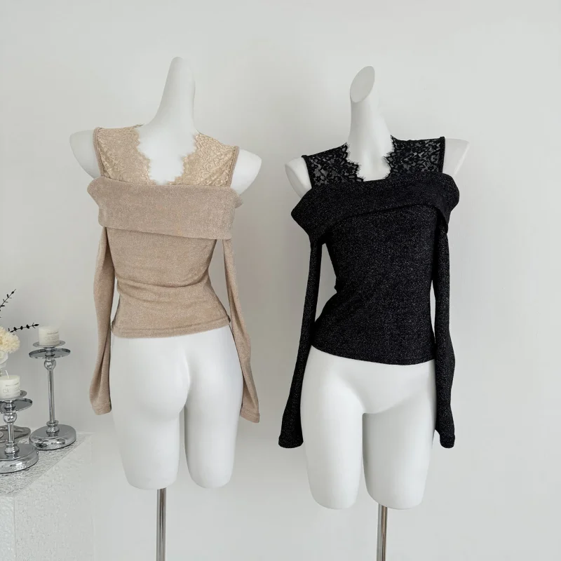 Sequin Base Knitted Sweater Top for Women with One Shoulder Lace Neck Halter in Autumn High-end Outfit