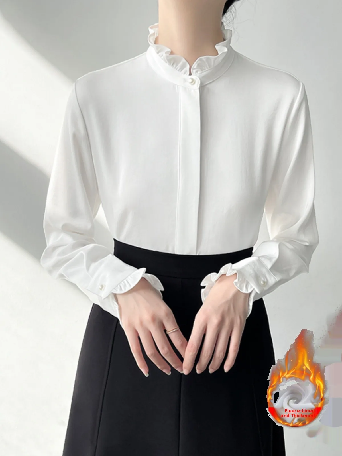 

Korean Sle Fce Lined White irt Women's Long Sve Layering Stand Collar Inner Wear Top Wooden Button Breathable Polye...