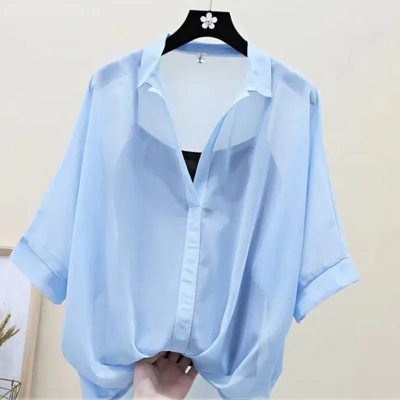 

Casual Women's Loose Fashion Turn-down Collar Chiffon Sling Two-piece Set Tops Temperament All-match Cute Refreshing Young Styl