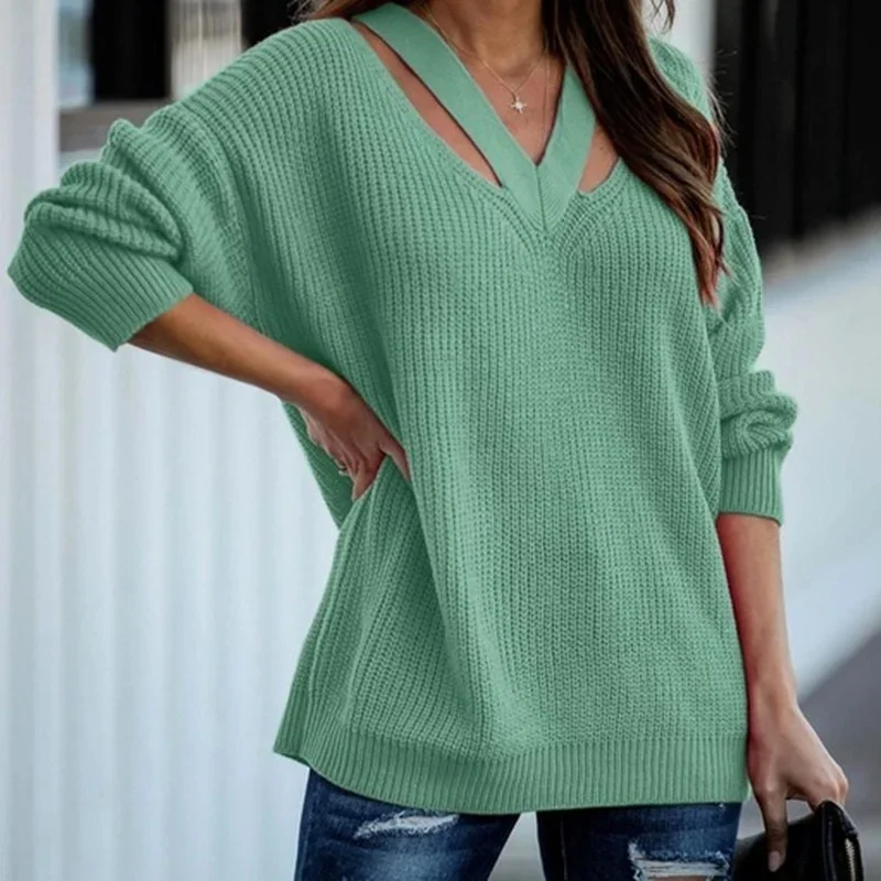 Eleganti maglioni lavorati a maglia in tinta unita da donna con scollo a v scava fuori pullover Casual allentati autunno inverno Street Fashion maglioni caldi