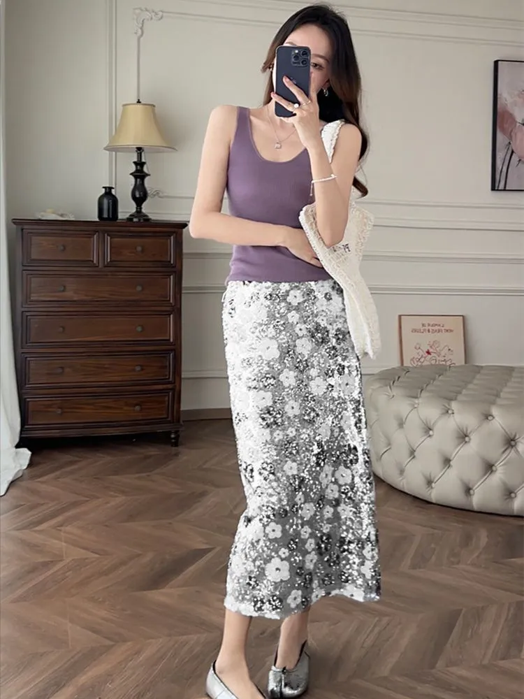 Spring Summer New Heavy Industry Color Matching Sequined High Waist Skirt Floral Fashion All-Match A-line Skirts
