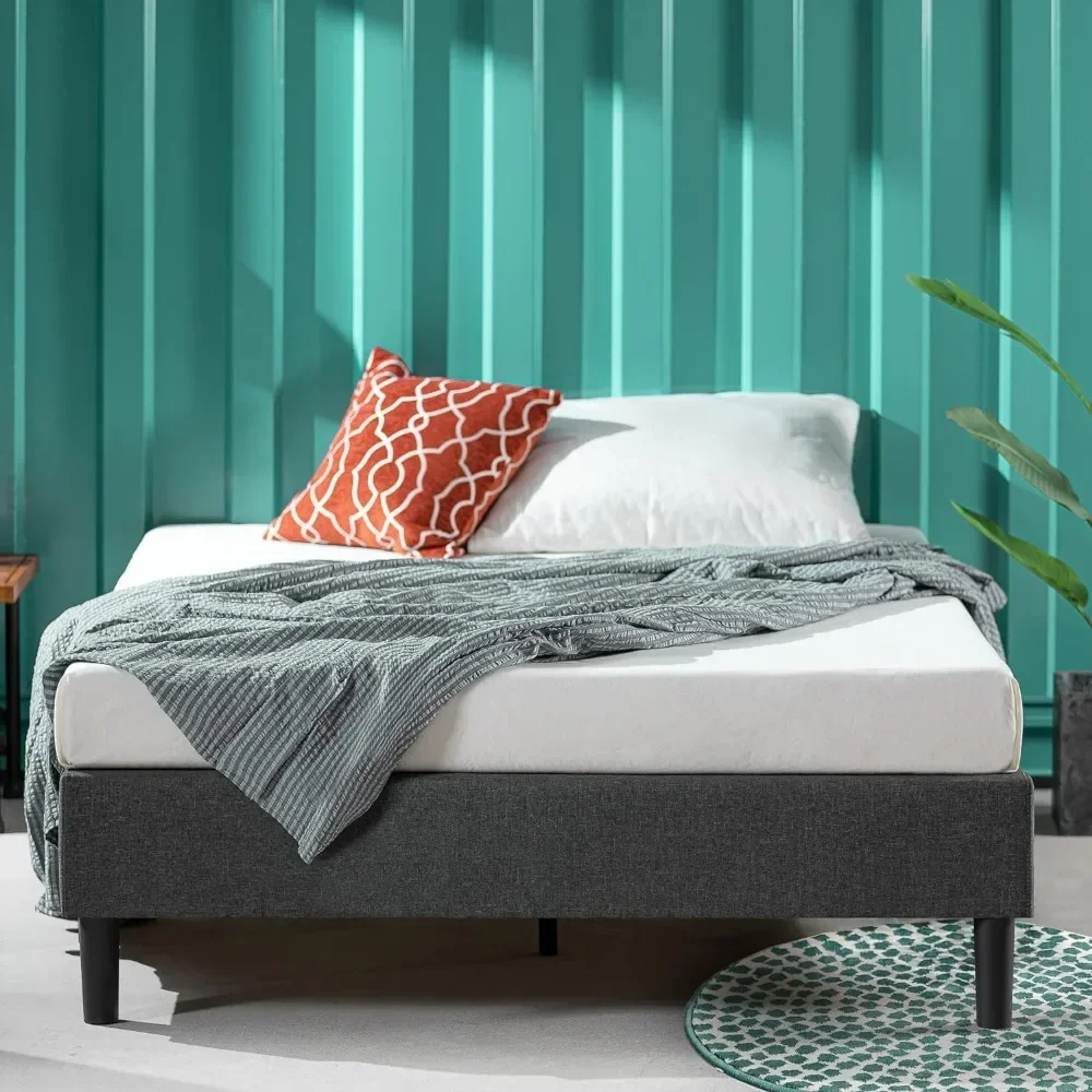 

Bedroom furniture upholstered platform bed frame, wooden slats support, no need for a box spring, grey, queen size bed