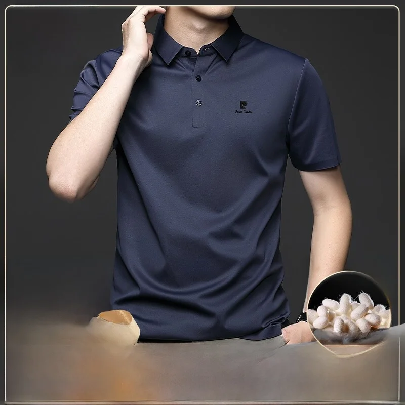 

Мужская шелковая рубашка Pierre Cardin класса люкс, повседневная, с отложным воротником, из ледяного шелка, с коротким рукавом, для делового и повседневного летнего гардероба