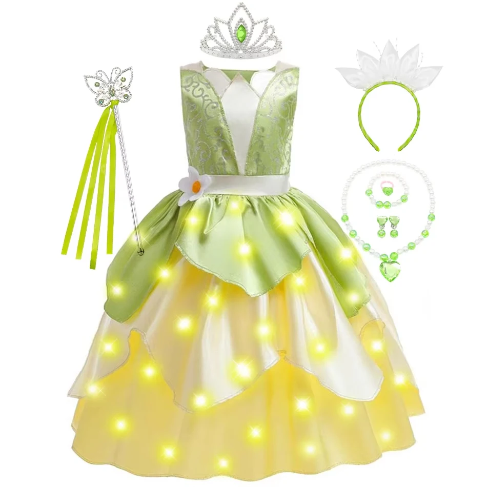 Clássico Meninas Fairy Tale Tiana Cosplay Costumes Elegante Verde Princesa Vestido Carnaval Birthday Party Verão mangas Vestidos