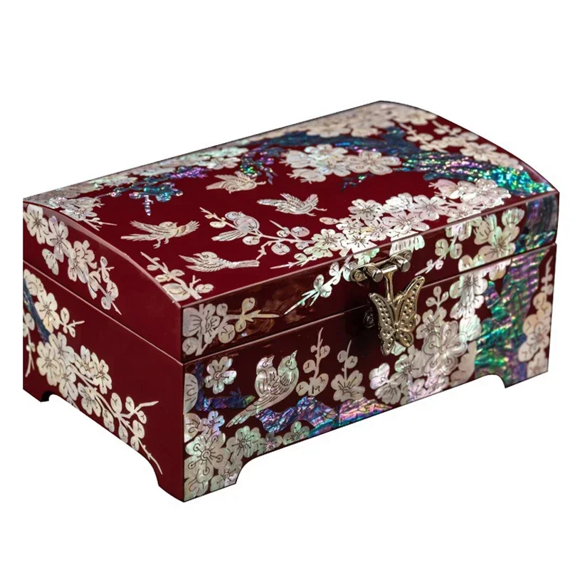 

#q #V Wooden Jewelry Storage Organizer Chinese Lacquer Craft Jewelry Box with Mirror Necklace Earrings Box Wedding Gifts Decorat