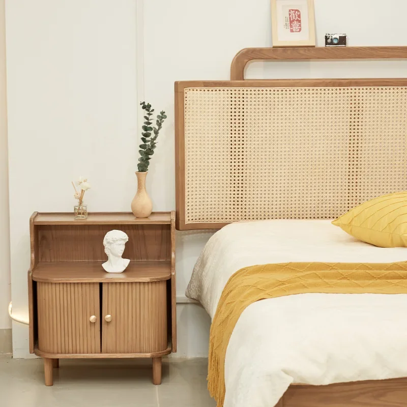 Solid wood bed, large bed rattan bed, ash wood style, simple master bed