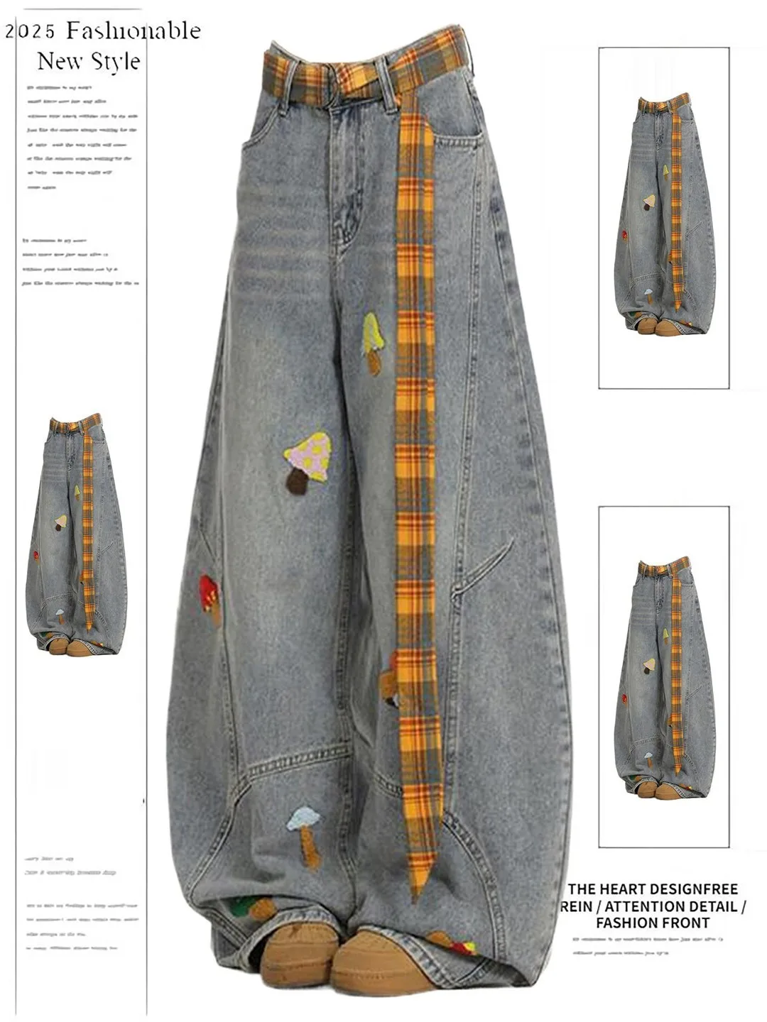 

American Sle Cartoon Towel Embroidery Knife Loose Straight Leg Wide Leg Pants for Women Trendy High Waist Jeans