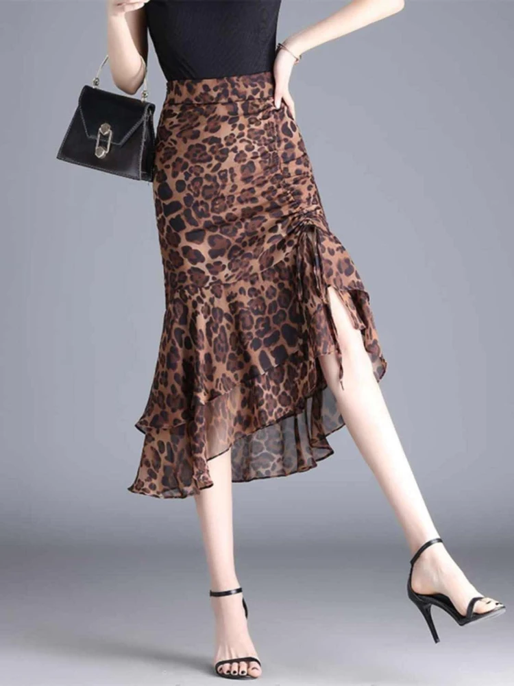 Women High Waist Leopard Print Chiffon Midi Skirt Irregular A Line Stylish Casual Y2K Vintage Korean Fashion Flowy