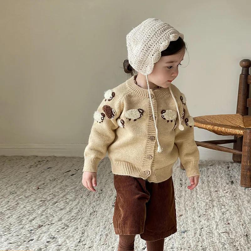 cekcya Korean Girls Sweater with Brown Shorts Baby Embroidery Lovely Cardigan Set 2025 Spring Childrens Knitting Clothes