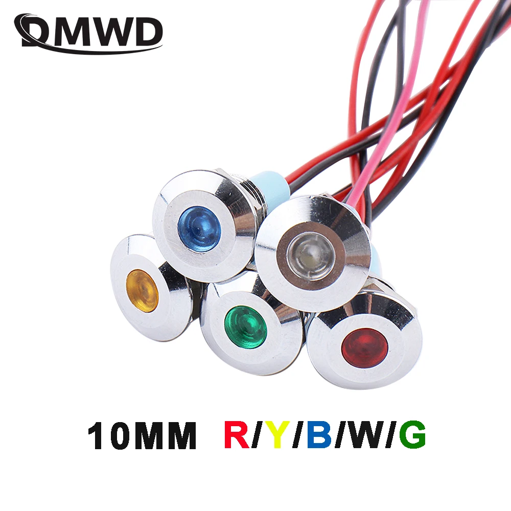 

10mm LED Metal Indicator Light Waterproof Signal Lamp With 2 Wires Panel Mount 6V 12V 24V 110V 220V Red Yellow Blue Green White