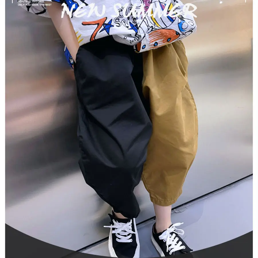 

Children's Cropped Trousers Boys' Trousers New Summer Thin Harem Trendy Pants Loose and Handsome Stitching Wide-leg Pants