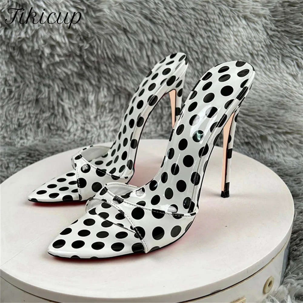 

Летние пикантные черно-белые тапочки в горошек на высоком каблуке 12 см, модные туфли-лодочки без шнуровки с острым носком для вечеринок и вечеринок