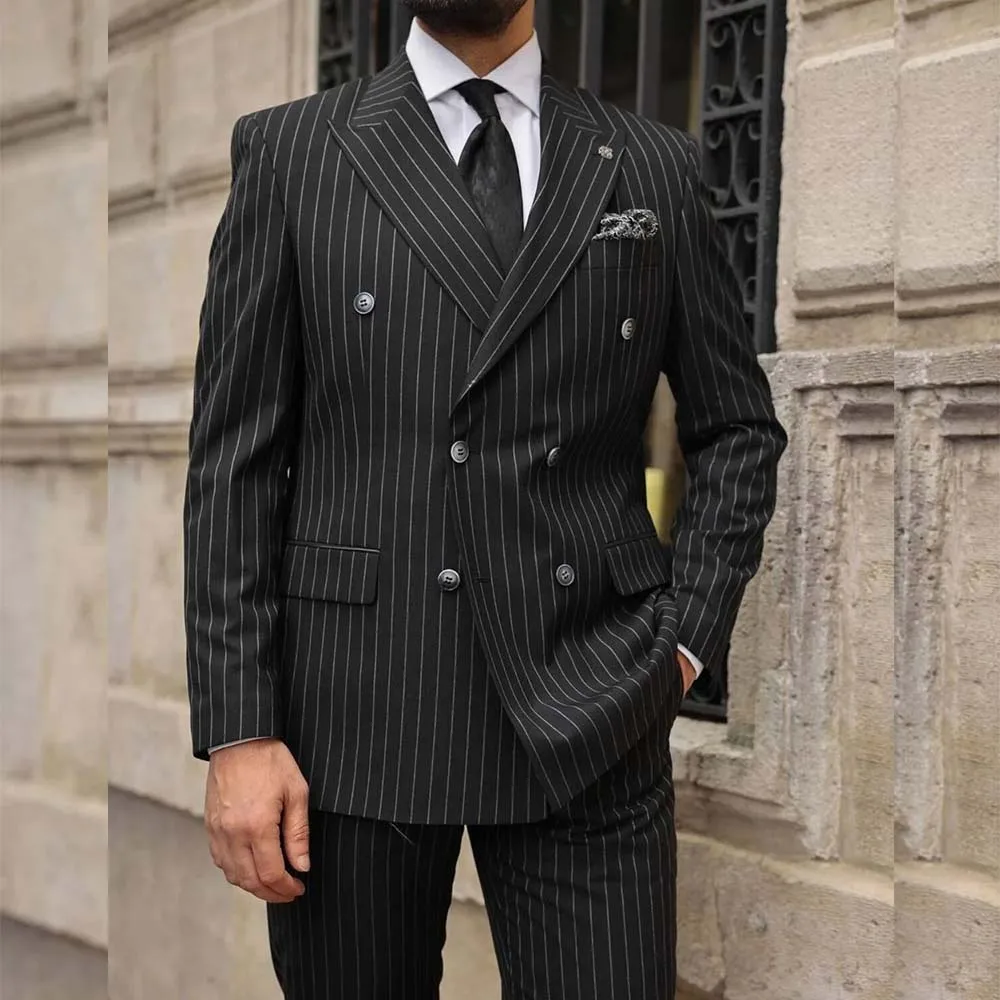 

Formal Black Pinstripe Double Breasted Tailor Men Suits Regular Length Smart Casual Outfit Business Wedding 2 Piece Jacket Pants