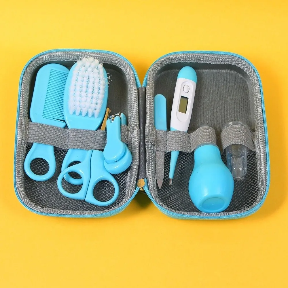 

8pcs EVA Bag Baby Health Care Kit Soft Bristle Brush Material Safety Newborn Grooming Kit Nail Clippers Comb Thermometer