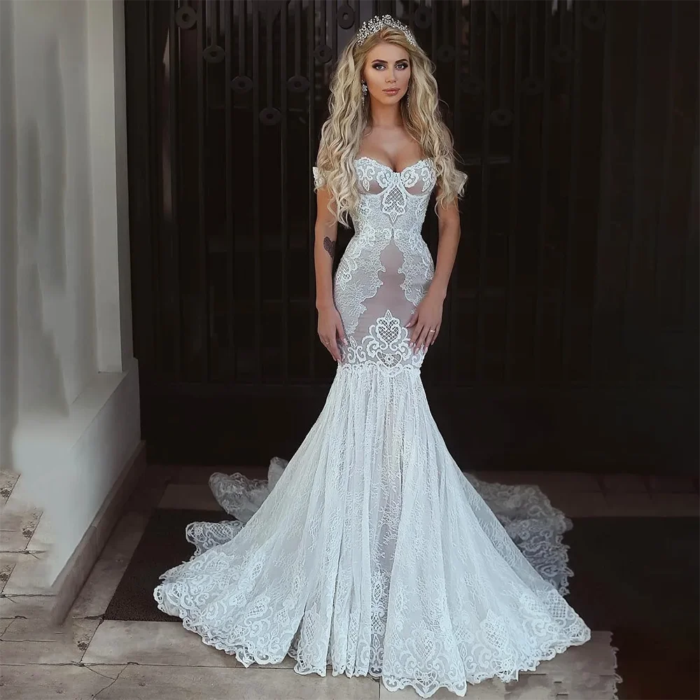 

Mermaid Wedding Dresses Sexy Off Shoulder Appliques Lace Up Bridal Gowns Plus Size Arabic Wedding Gown Vestidos De Novia